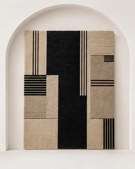 structured geometric handmade rug black beige modern carpet contemporary design