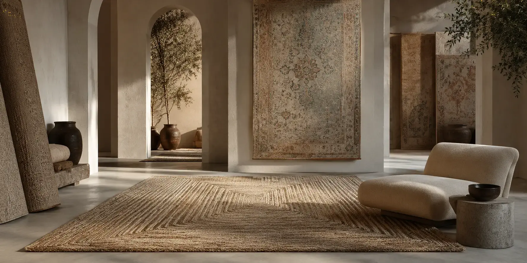 Luxury jute rug grounding a serene natural-toned living room with organic modern furniture