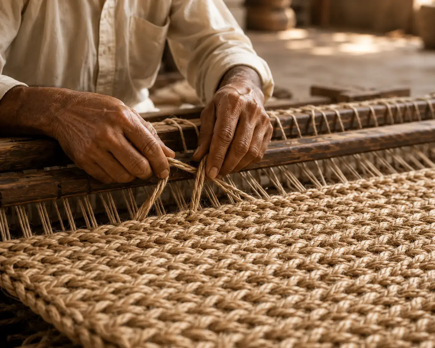 Braided jute rug in natural golden brown with concentric pattern