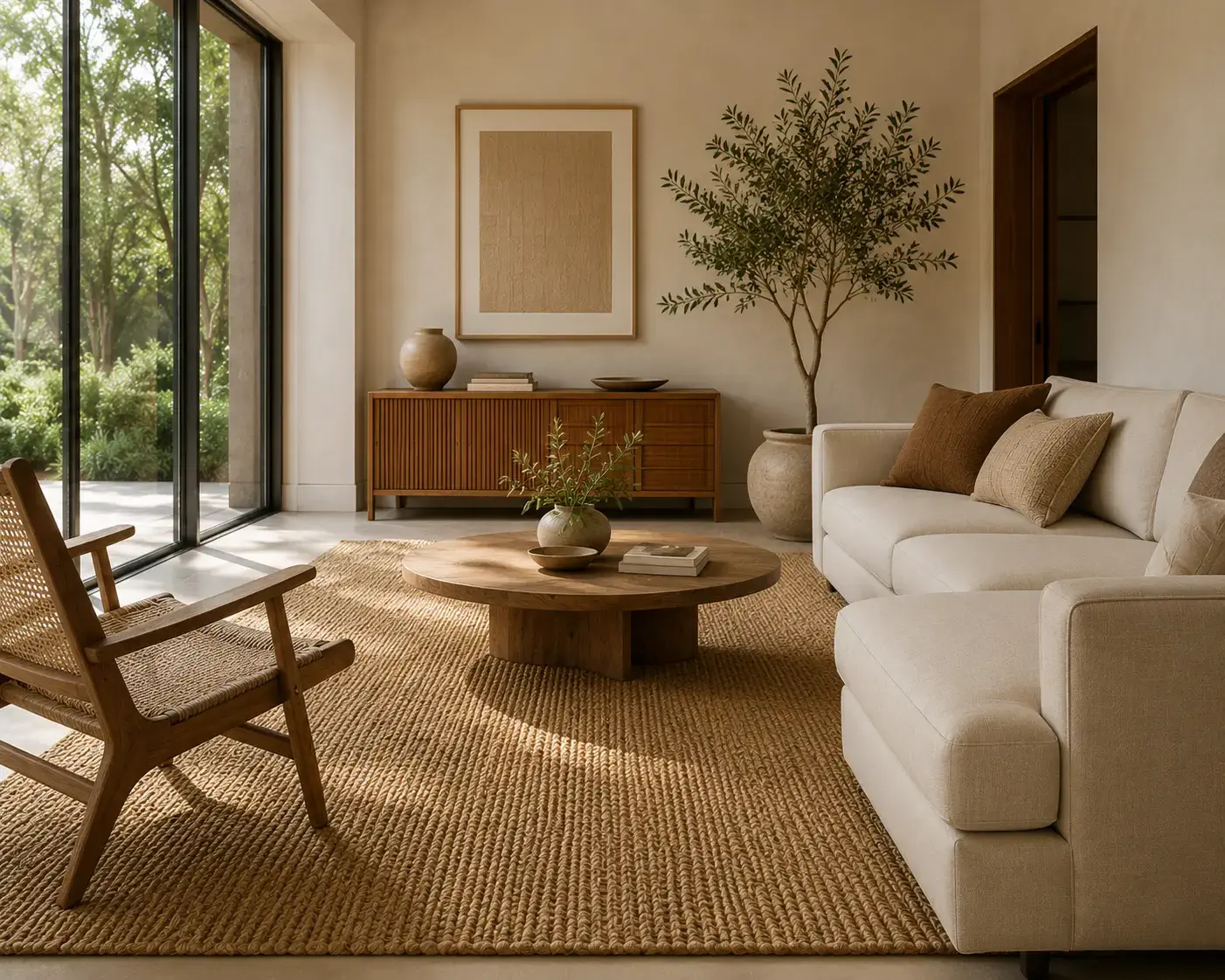 Natural jute flatweave herringbone rug in warm golden tones
