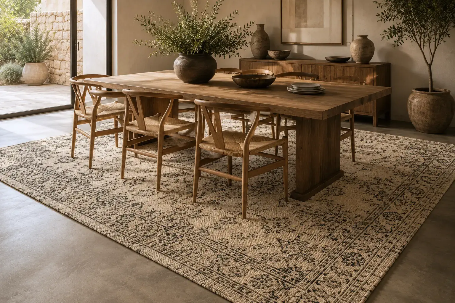 Flatweave rug in dining area