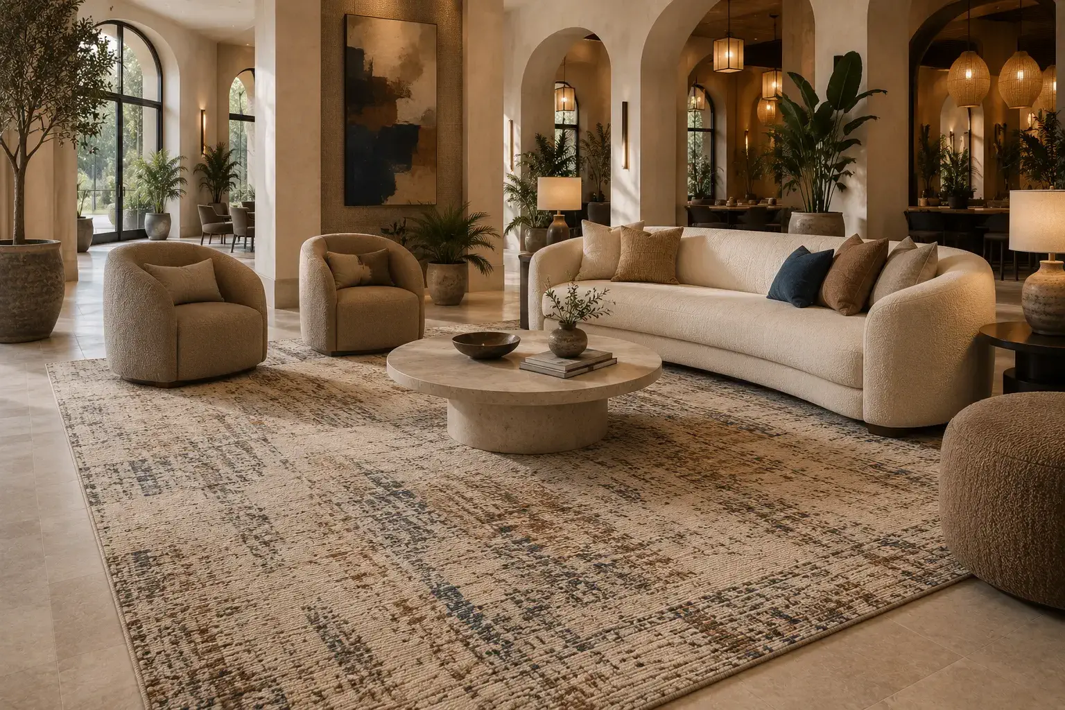 Flatweave rug in luxury hotel guestroom
