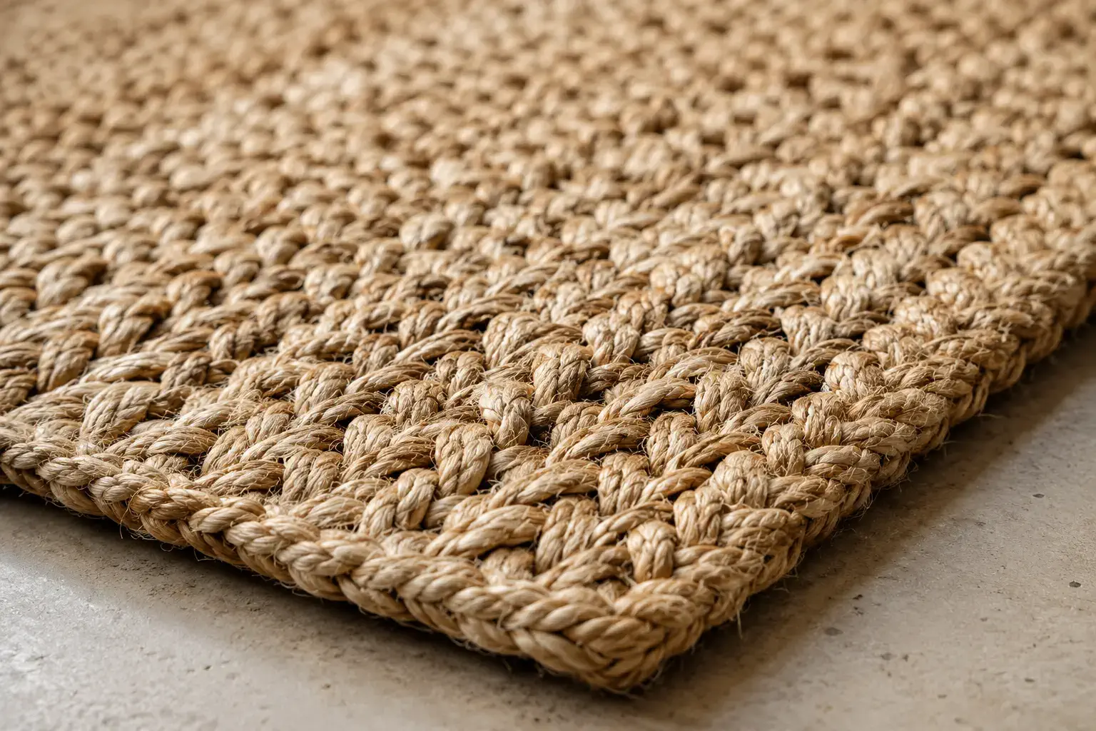 Close-up of hand-braided jute rug texture showing dimensional weave