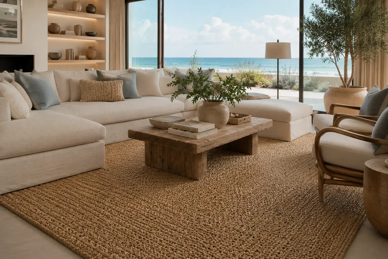 Braided jute rug styled in a coastal luxury living room interior