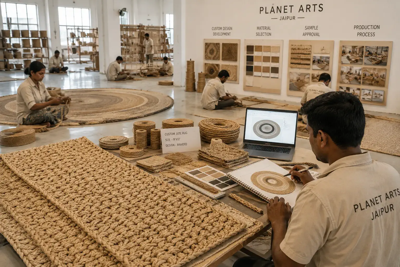 Custom braided jute rug development at Planet Arts Jaipur production facility