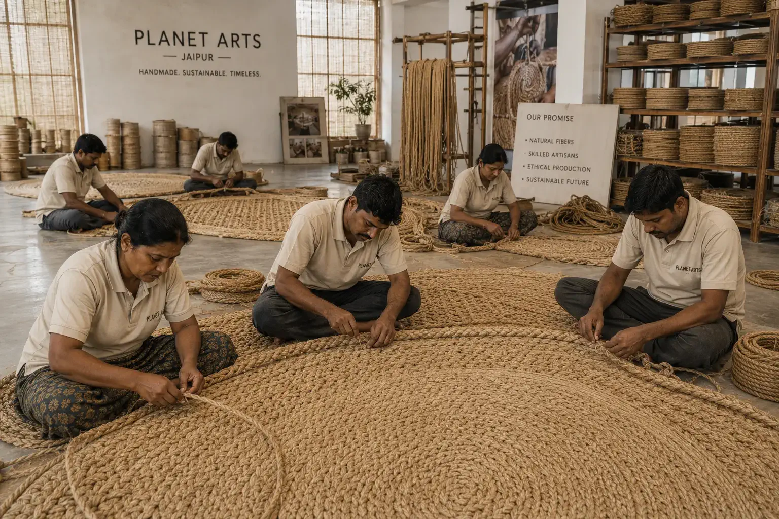 Artisan team hand-braiding jute rugs at Planet Arts production facility in Jaipur