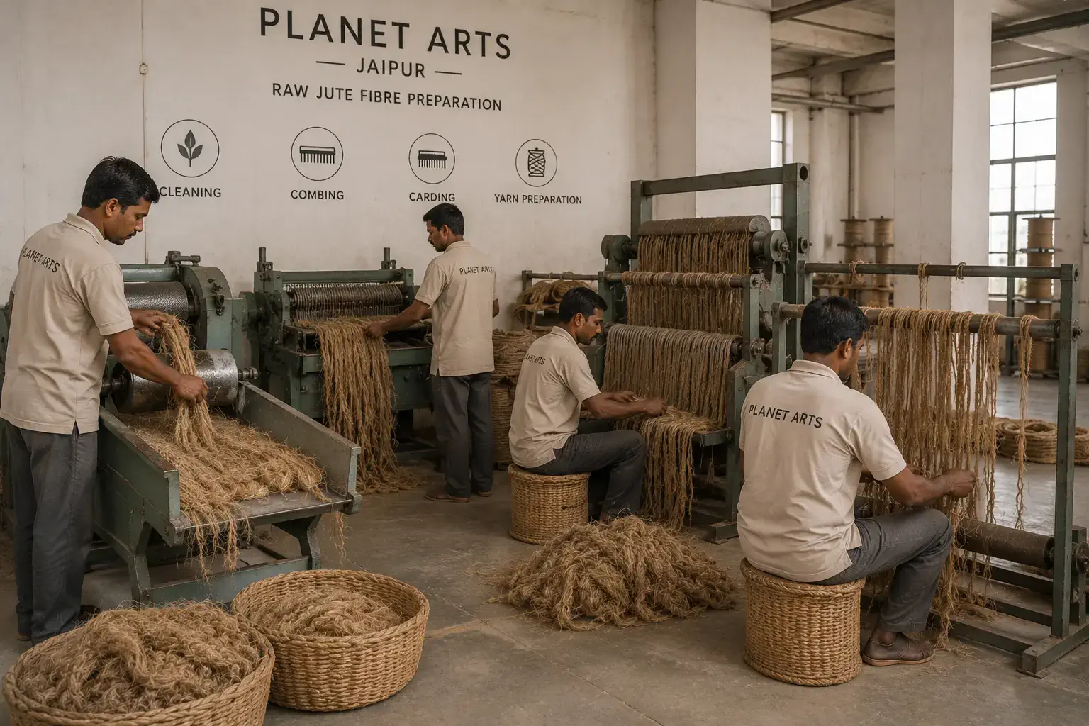 Raw jute fibre preparation at Planet Arts Jaipur manufacturing