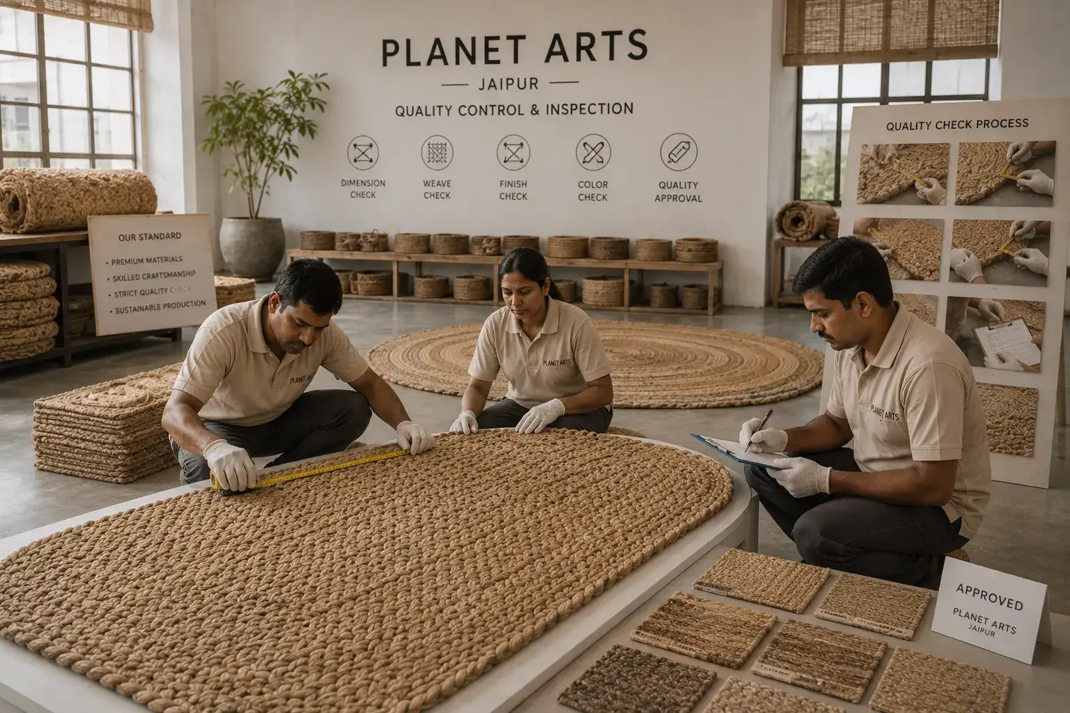 Quality control inspection of finished braided jute rugs at Planet Arts Jaipur