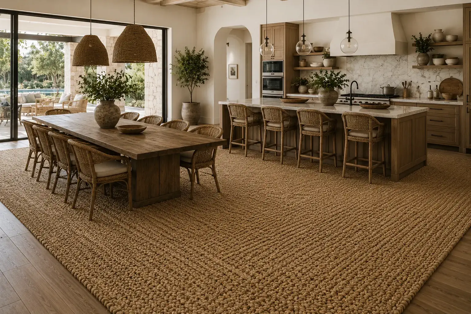 Large area braided jute rug in open plan luxury kitchen-dining space