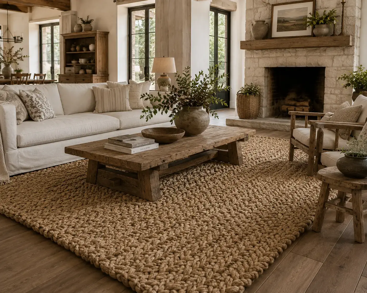 Chunky braided jute rug in farmhouse living room with wooden furniture