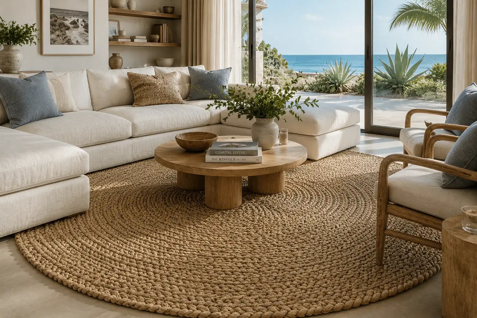 Braided jute round rug styled in coastal living room interior