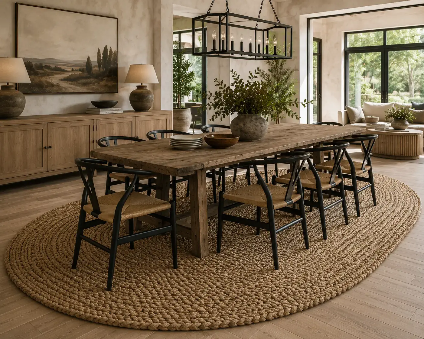 Oval braided jute rug under dining table in designer interior