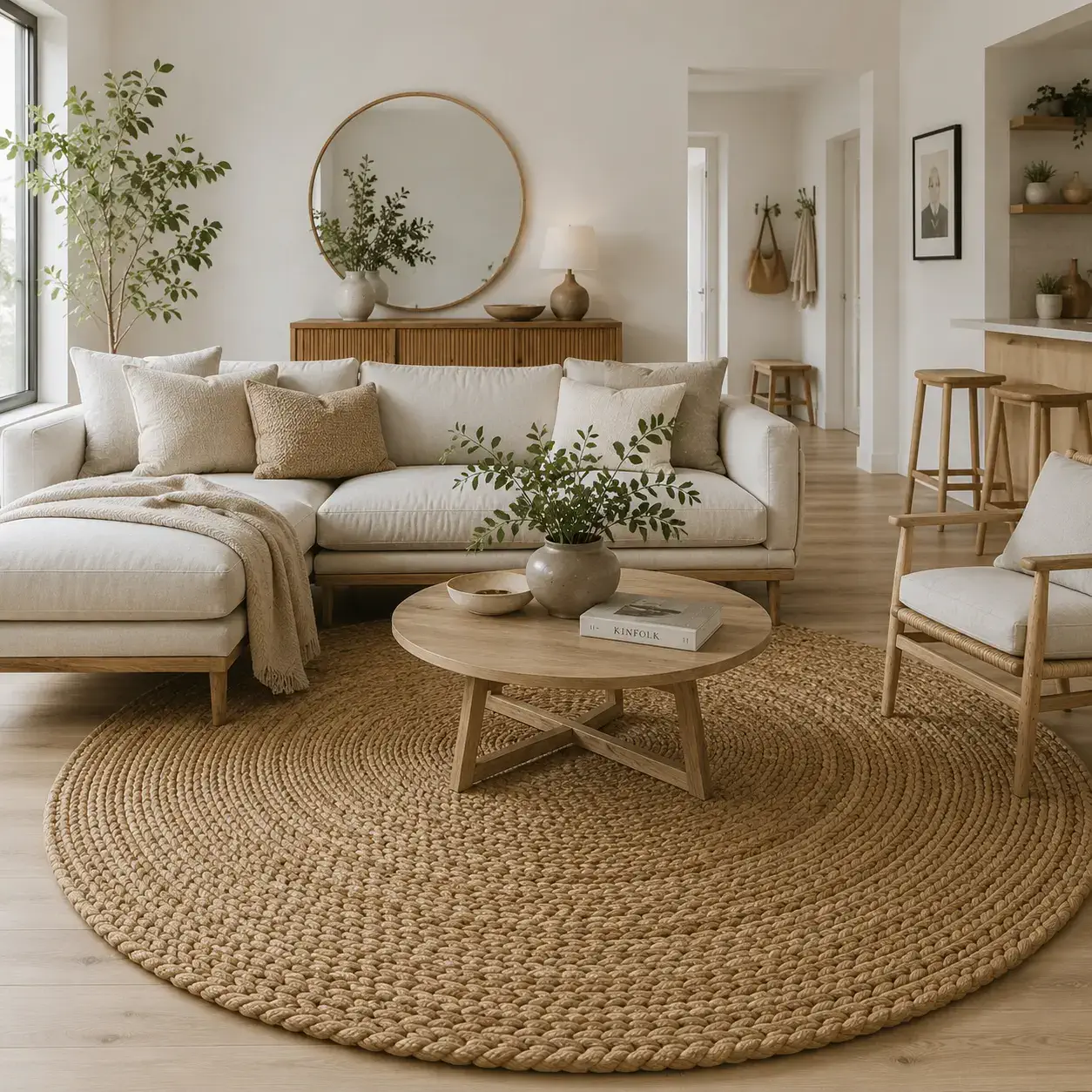 Natural round braided jute rug styled in Scandi-inspired living room