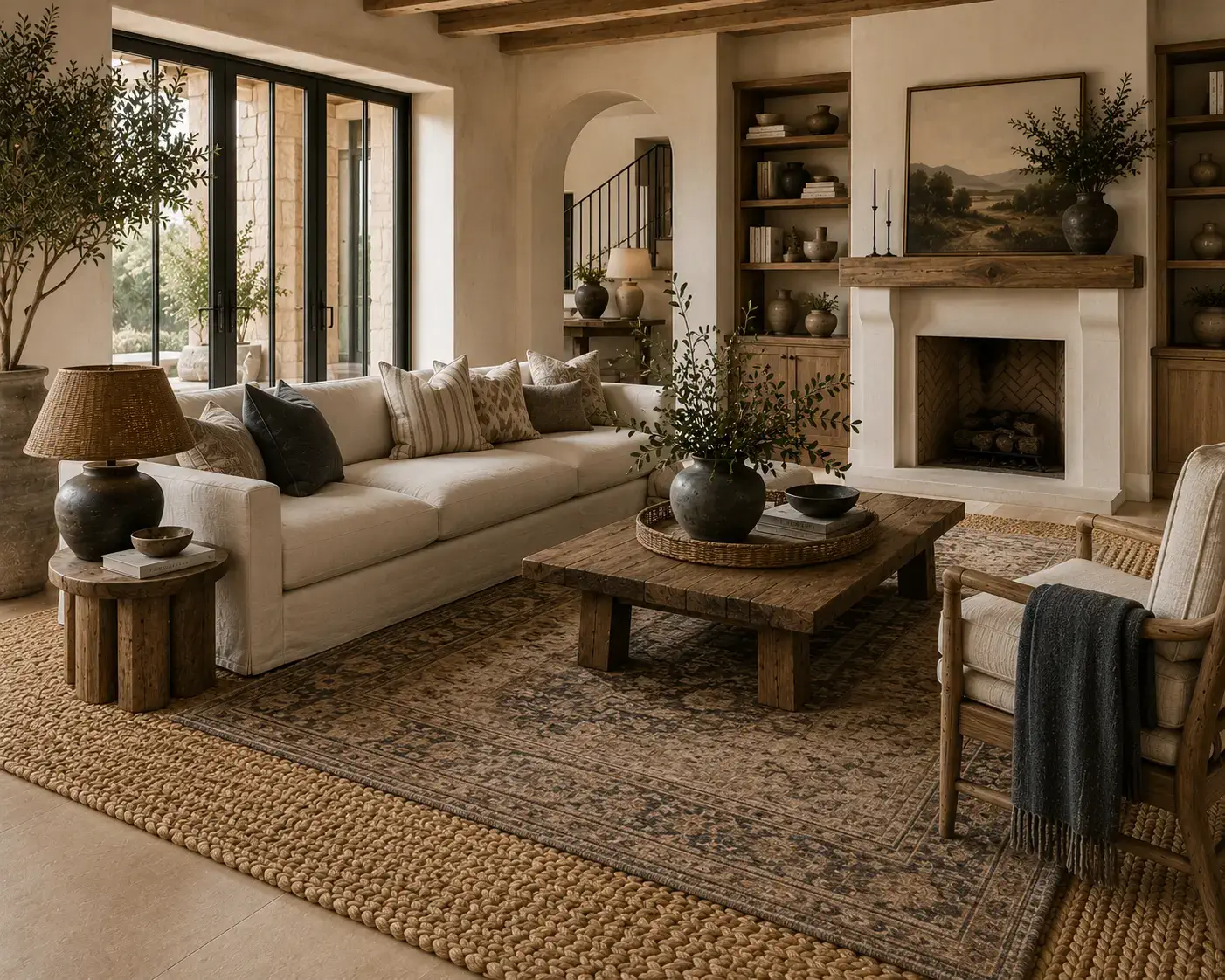 Layered interior styling with braided jute rug as base layer
