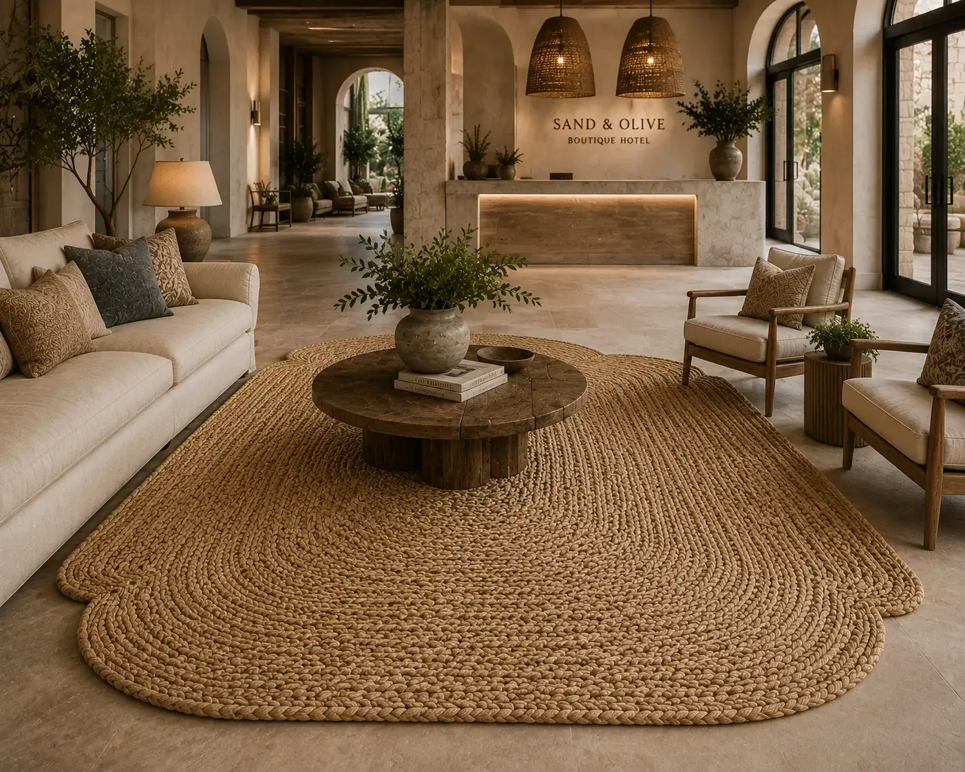 Custom braided jute rug in boutique hotel lobby interior