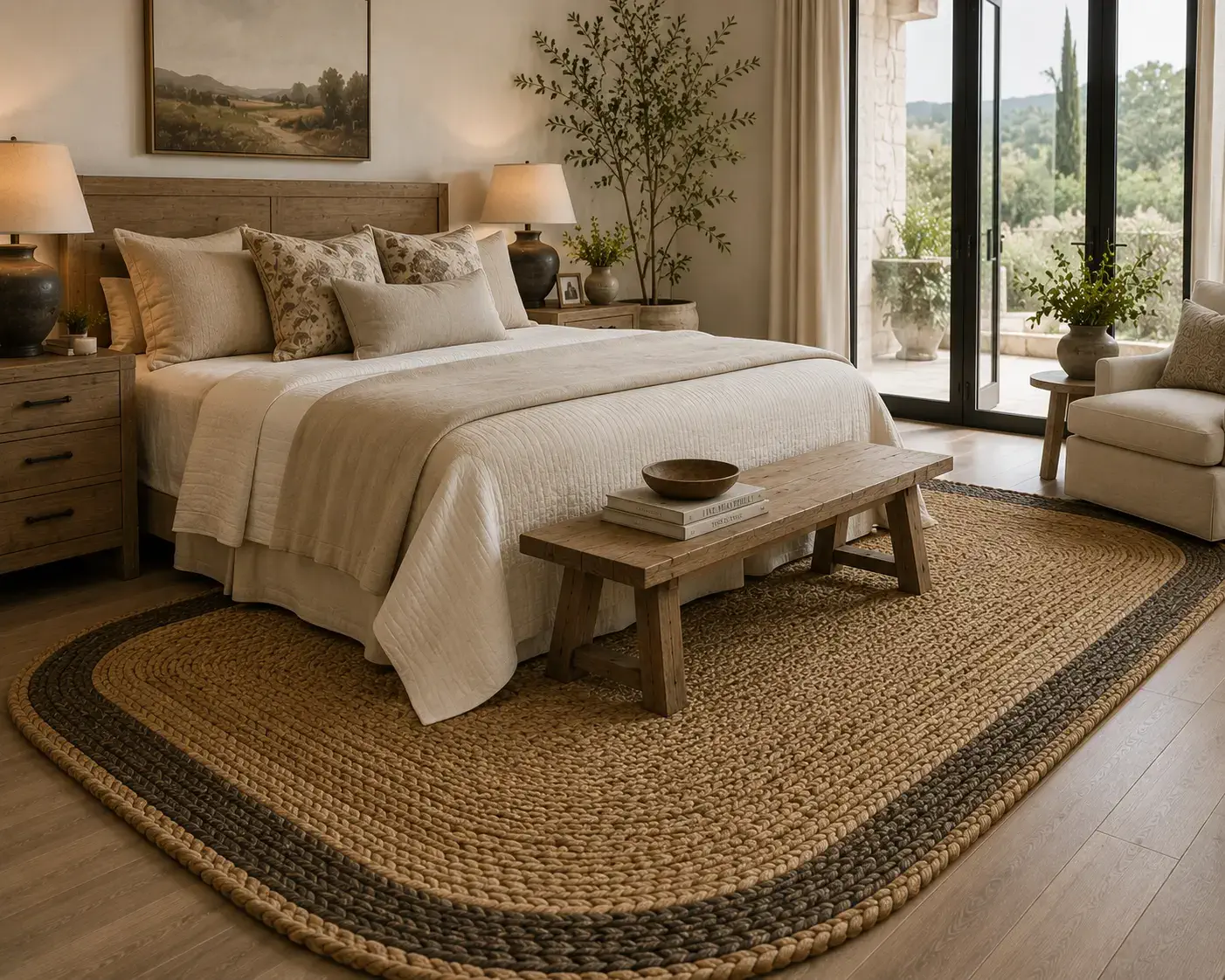 Bordered braided jute rug in luxury bedroom interior