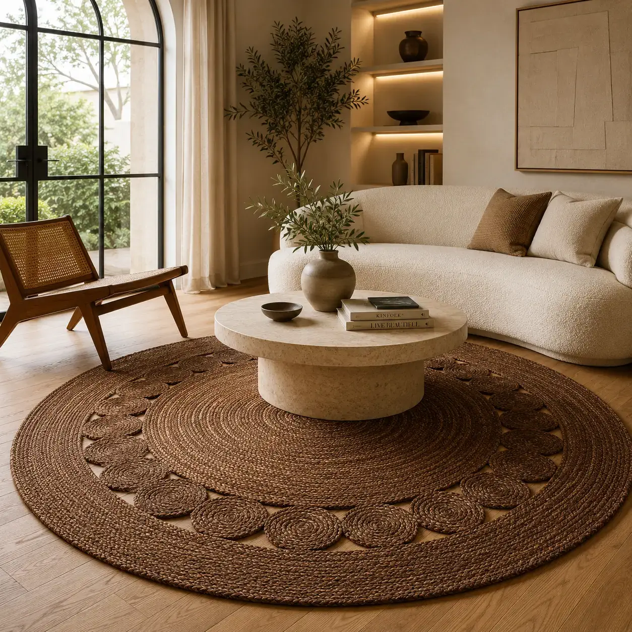 Daaira hand-braided round jute rug in natural and black concentric spiral — Planet Arts