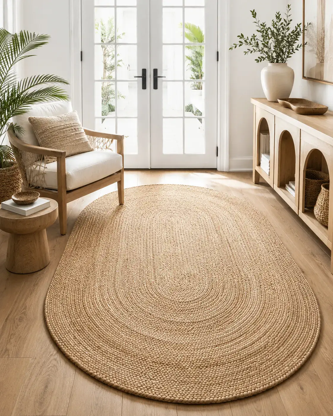 Handmade oval braided jute rug in a bright luxury interior with white flooring, natural sunlight and contemporary furniture