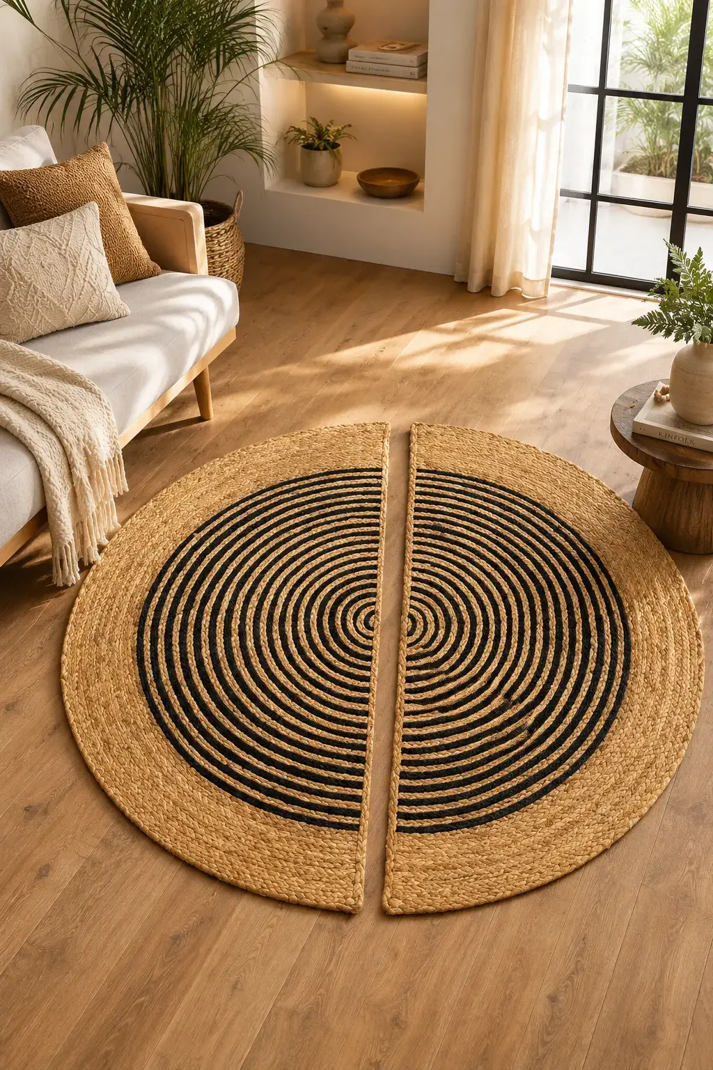 Handmade half moon braided jute rug with black concentric pattern in a luxury contemporary interior with oak flooring and natural sunlight