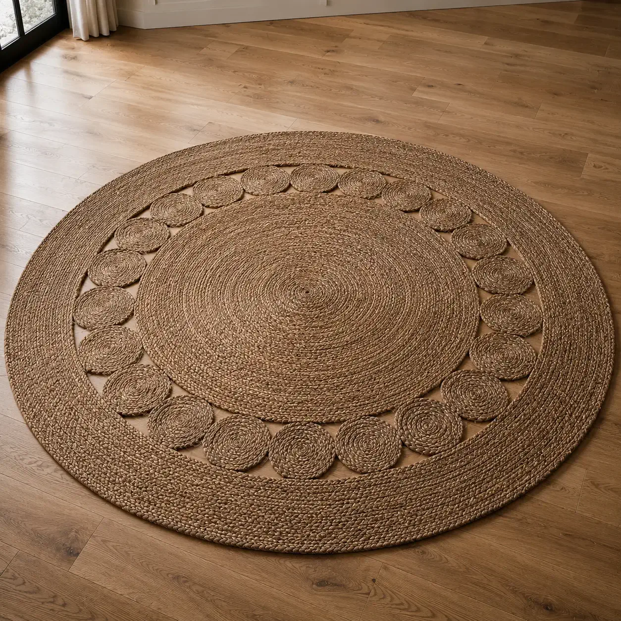 Daaira round braided jute rug floor shot showcasing concentric hand-braided detailing on warm oak flooring in a luxury interior setting.