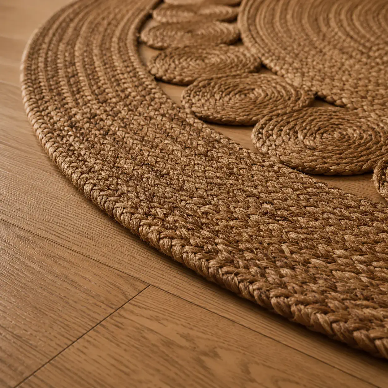 Reverse side of the Daaira round braided jute rug showcasing handcrafted construction, natural jute backing, and artisanal braided craftsmanship.