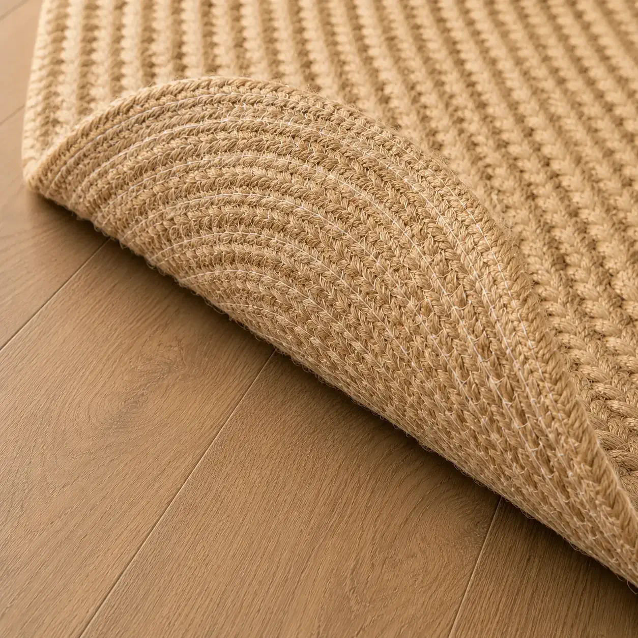 Reverse side detail of the Aurelia oval jute rug showing hand-braided construction, stitching pattern, natural jute fibres, and artisan craftsmanship.