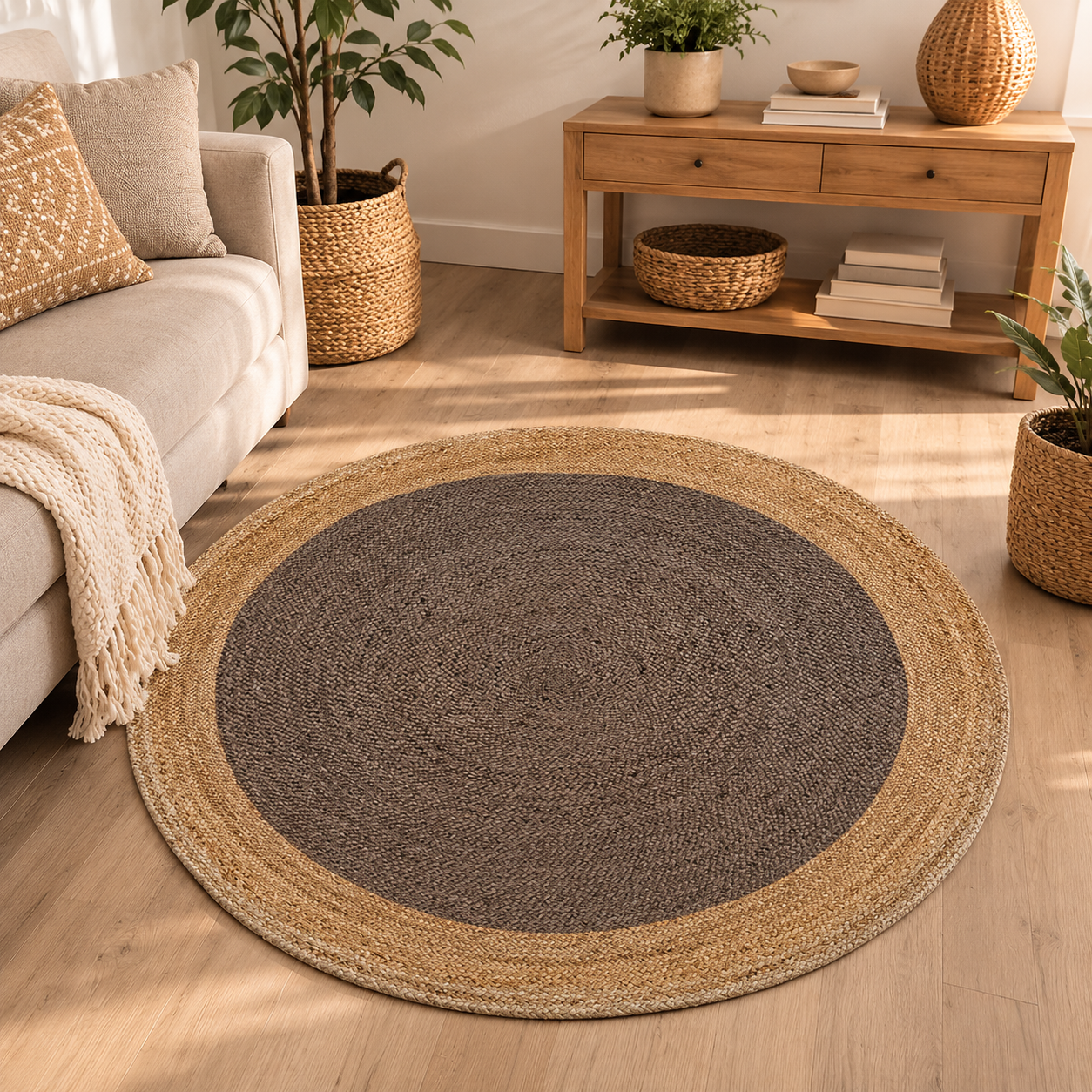 Bordered Braided Jute Rug with cotton border detail from Planet Arts Jaipur