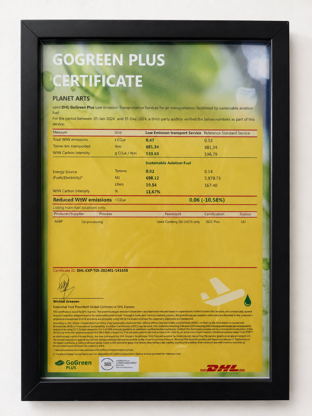 Official DHL GoGreen Plus Certificate awarded to Planet Arts for using Sustainable Aviation Fuel (SAF) logistics to reduce carbon emissions in international handmade rug exports from India.