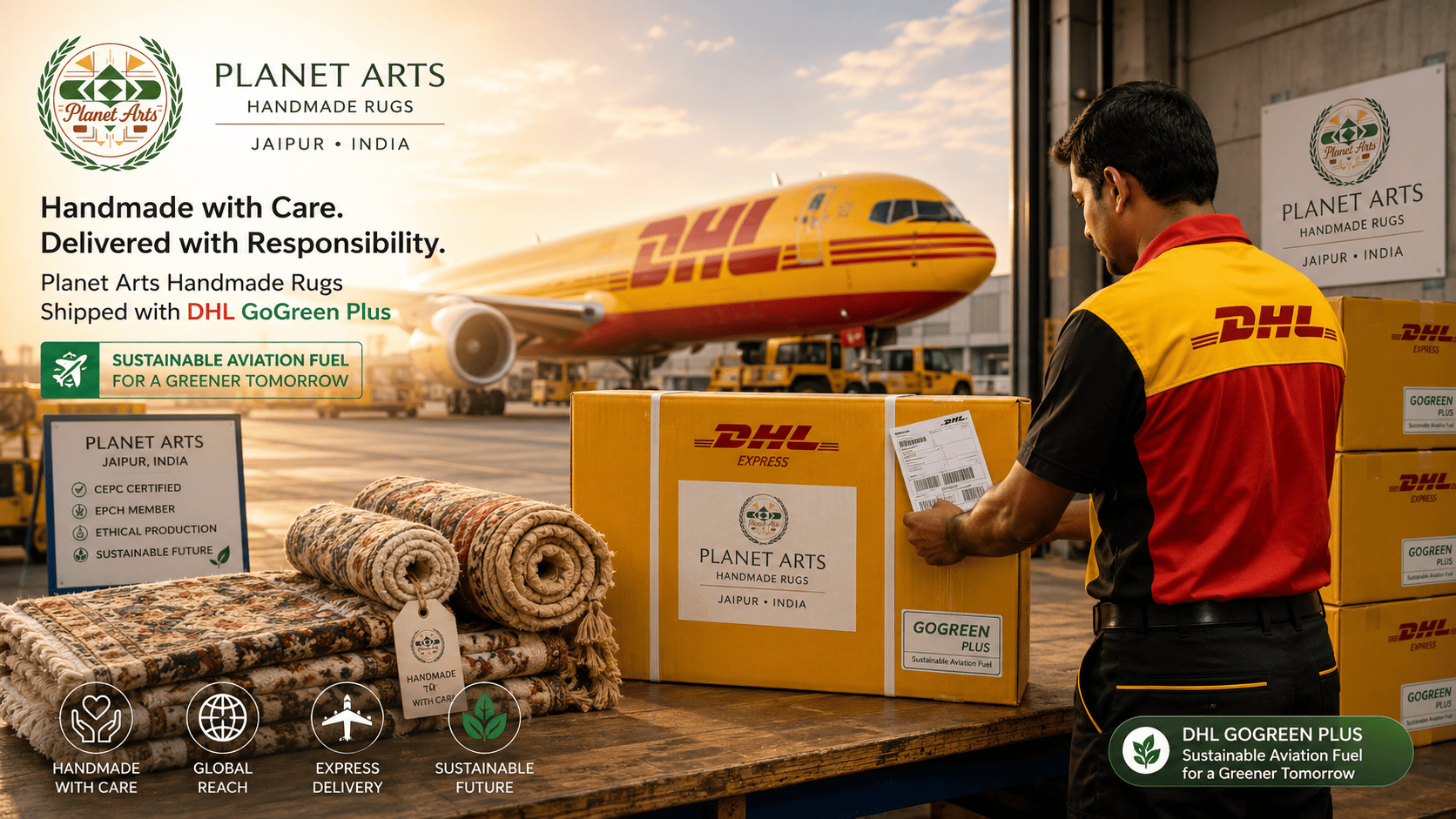DHL Express air-freight shipment of Planet Arts handmade rugs prepared for dispatch from the Jaipur workshop, representing the GoGreen Plus sustainable aviation fuel shipping option