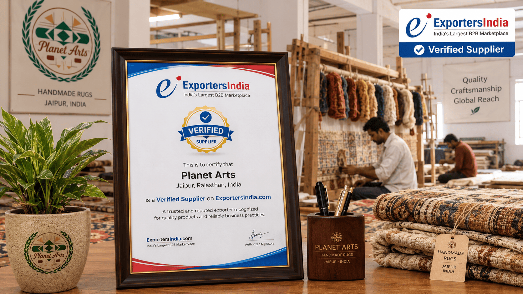 ExportersIndia Verified Supplier badge documentation for Planet Arts displayed at the company's rug manufacturing workshop in Jaipur