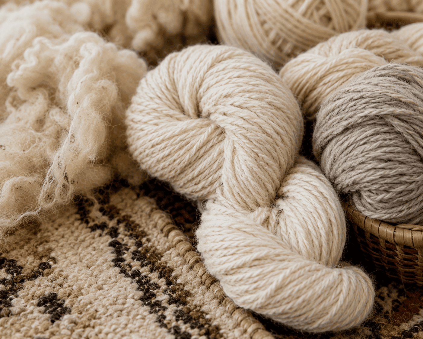 Close-up of natural wool yarn used in Planet Arts rug production
