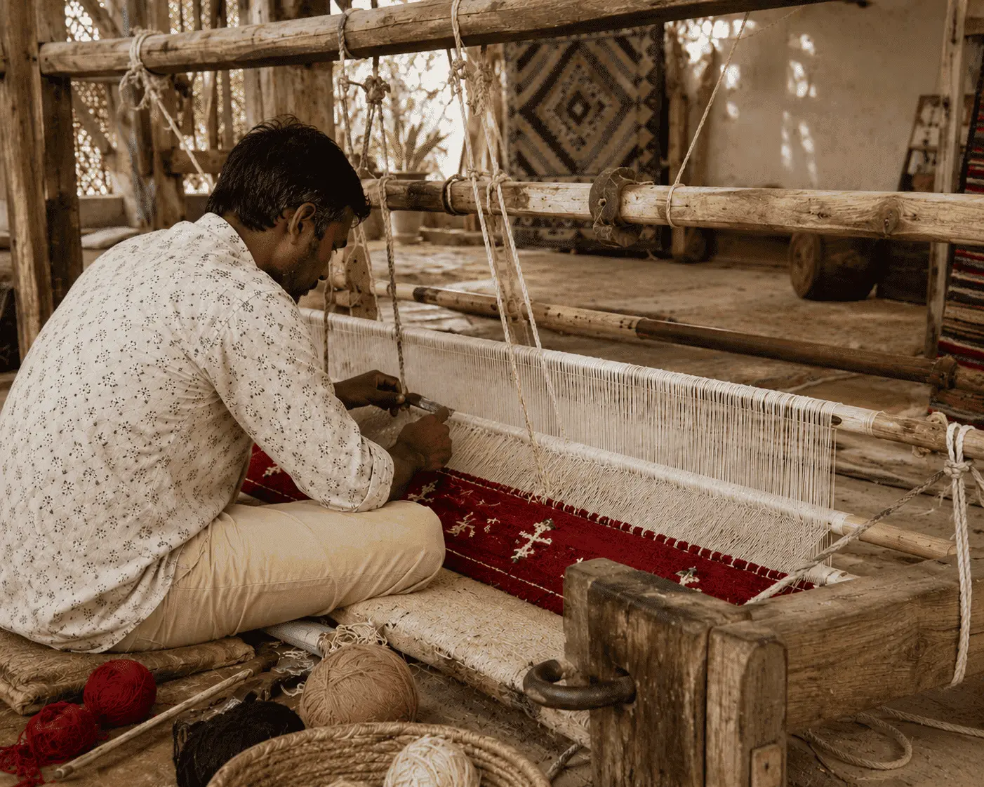 Artisan weaving on a traditional loom in a Jaipur rug workshop