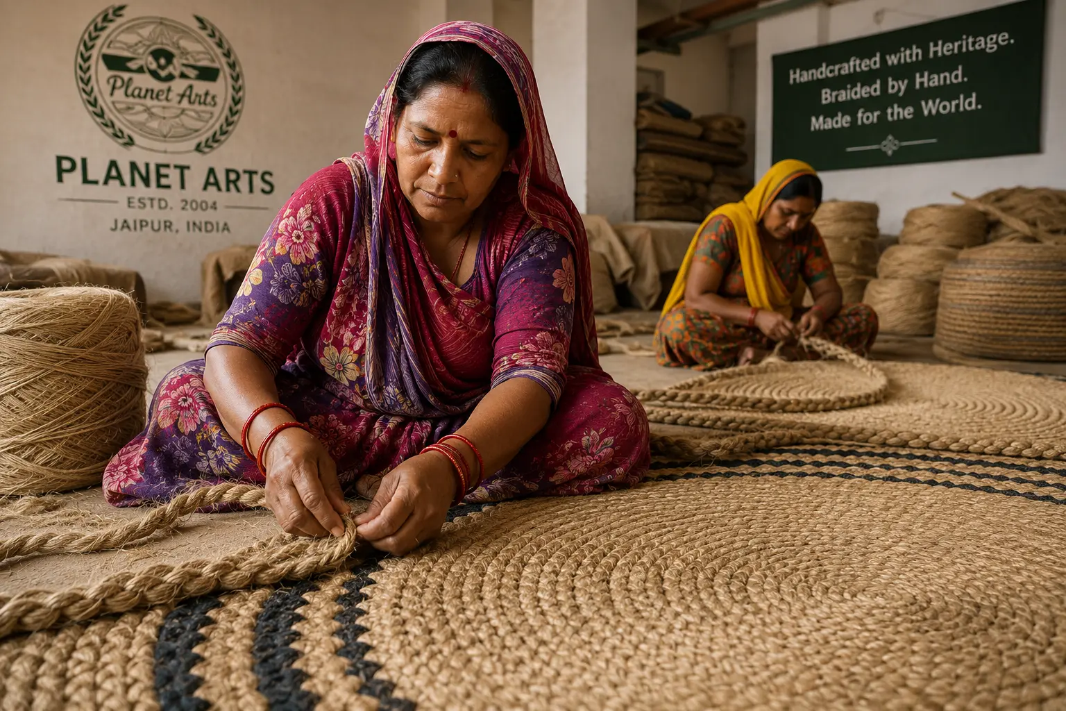 Artisan hand-braiding natural jute fiber into a rug construction at a Planet Arts workshop in Jaipur, India