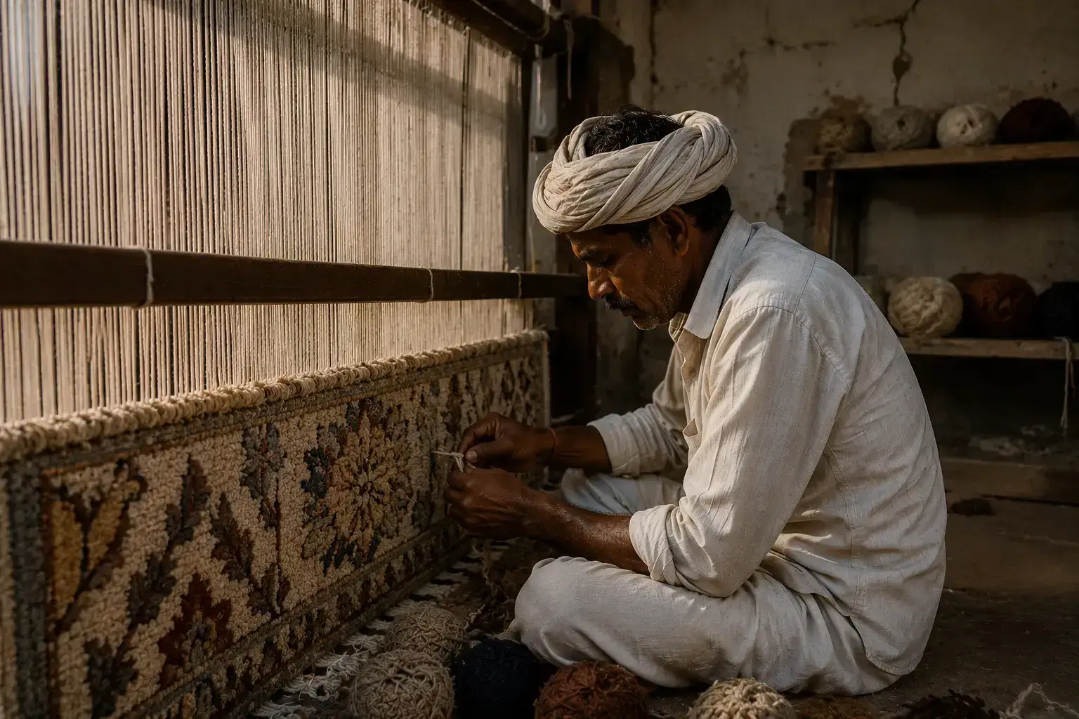 Rural Artisan hand-knotting a wool rug on a traditional loom at a Planet Arts workshop in Jaipur, India