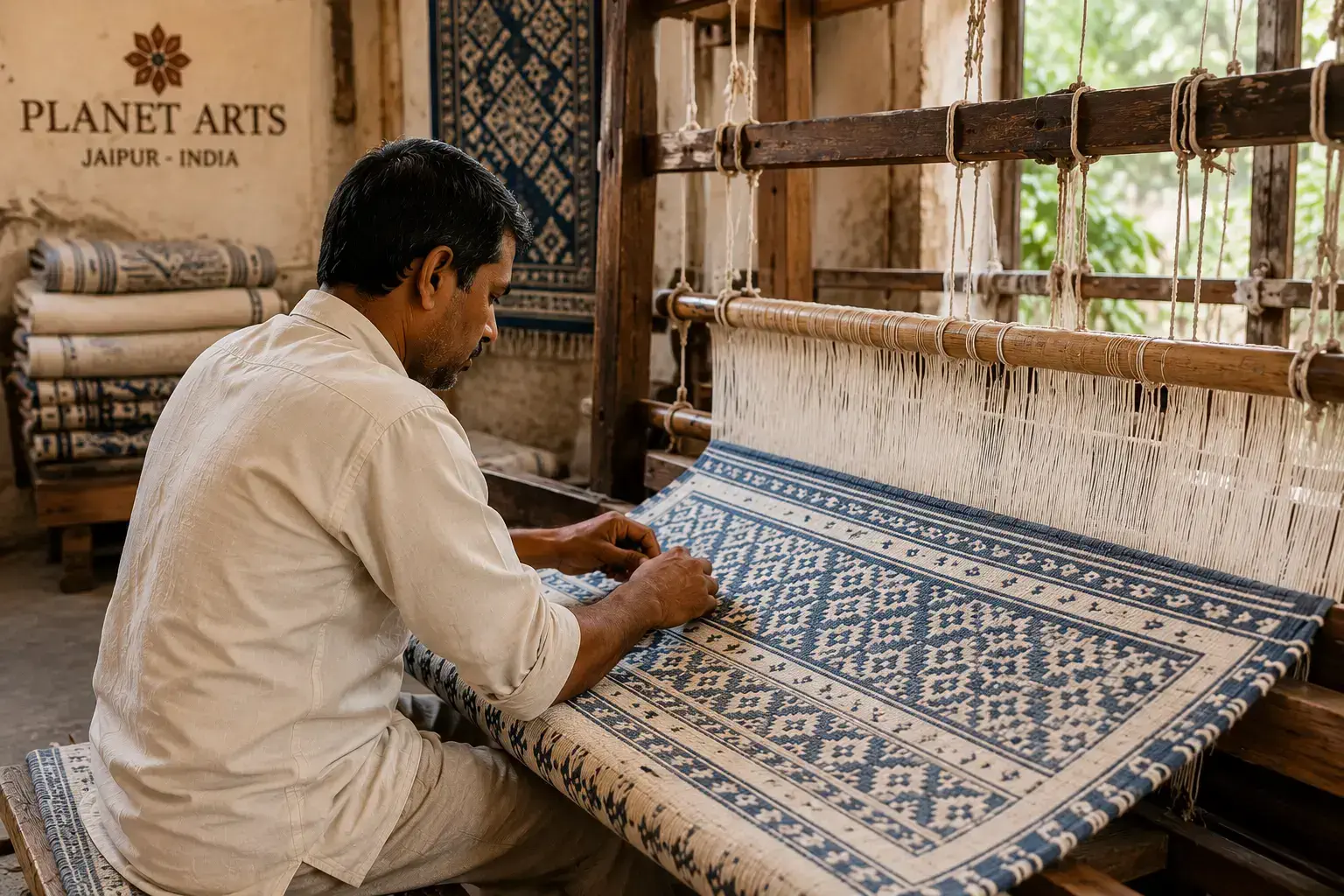 Artisan hand-weaving a cotton rug on a loom at a Planet Arts workshop in Jaipur, India