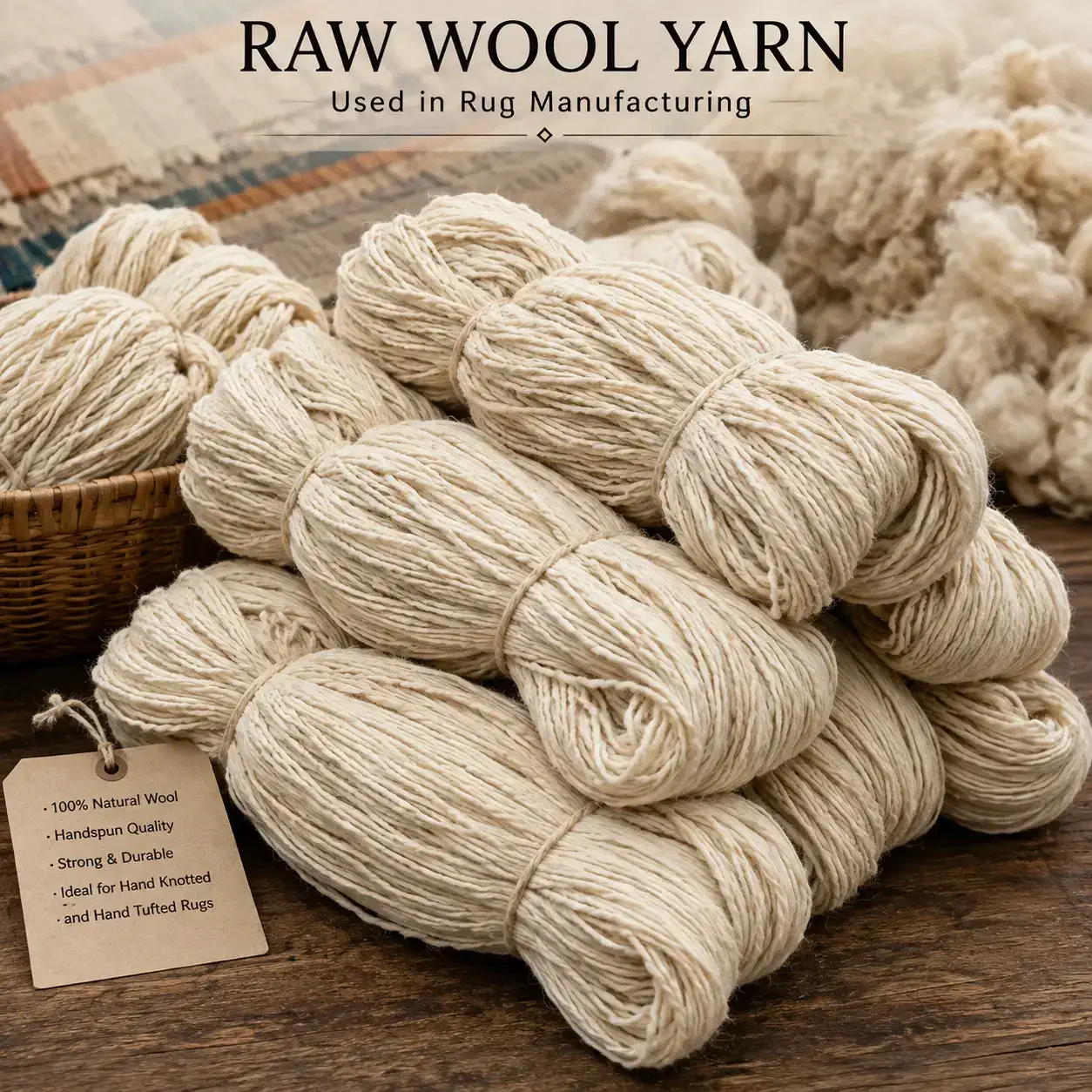 Raw natural wool yarn used in rug manufacturing, showcasing premium handspun wool fiber before dyeing and weaving. High-quality wool yarn prepared for handmade rug production, hand-knotted rugs, hand-tufted carpets, and luxury handcrafted rugs by Planet Arts, an Indian rug manufacturer based in Jaipur, Rajasthan.
