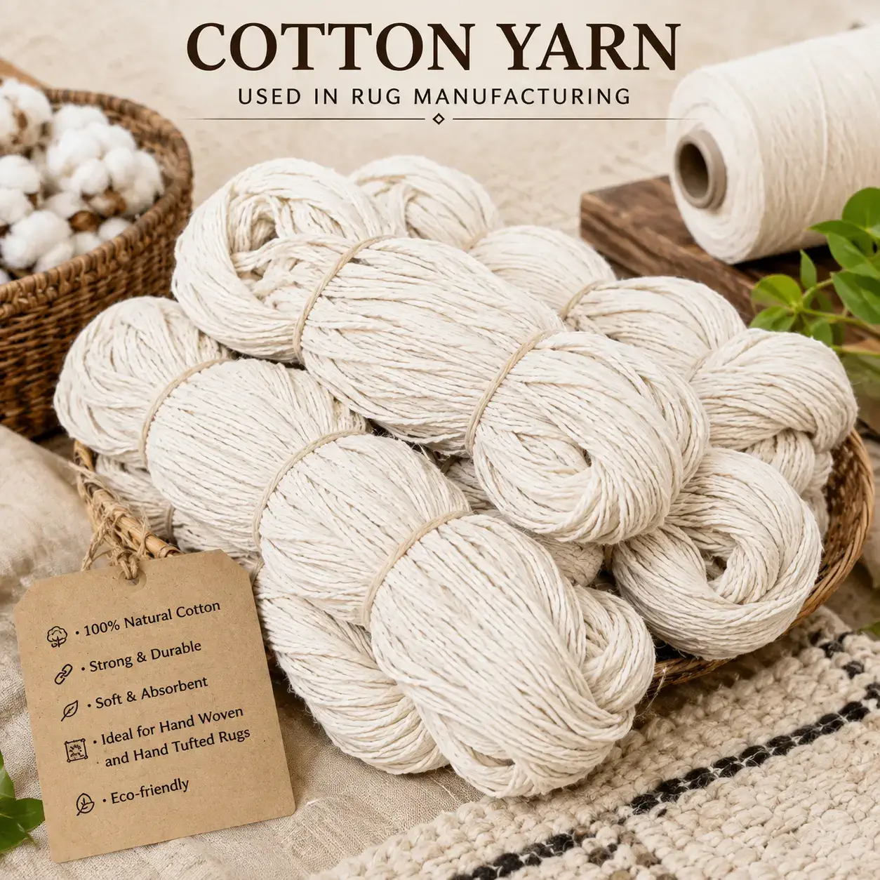 Premium natural cotton yarn used in rug manufacturing, featuring high-quality cotton fiber prepared for handwoven, hand-tufted, and flatweave rug production. Soft, durable cotton yarn used as warp, weft, and pile material in luxury handmade rugs crafted by Planet Arts, an Indian rug manufacturer and exporter based in Jaipur, Rajasthan.