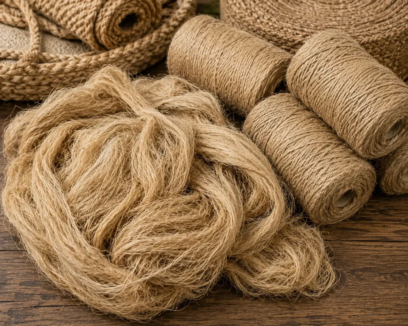 Premium natural jute fibre used in rug manufacturing, showcasing raw eco-friendly jute fiber before spinning and weaving into handmade rugs. Sustainable natural jute material used for braided rugs, flatweave rugs, woven carpets, and handcrafted floor coverings by Planet Arts, an Indian rug manufacturer and exporter based in Jaipur, Rajasthan.