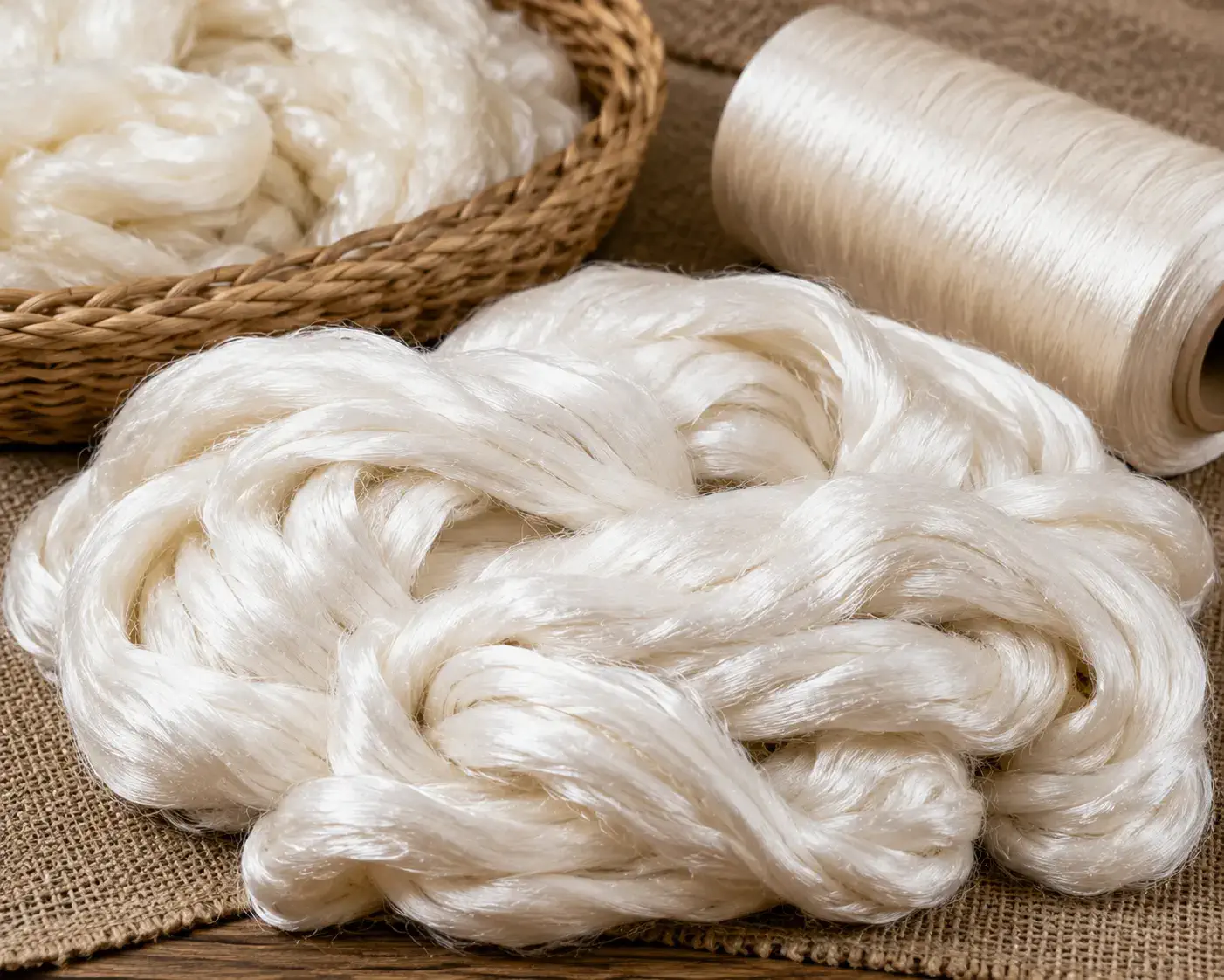 Premium viscose fibre used in rug manufacturing, featuring soft silk-like rayon fiber prepared for luxury handmade rug production. High-lustre viscose material used to create elegant hand-knotted, hand-tufted, and designer rugs with a smooth finish and rich visual depth by Planet Arts, an Indian rug manufacturer and exporter based in Jaipur, Rajasthan.