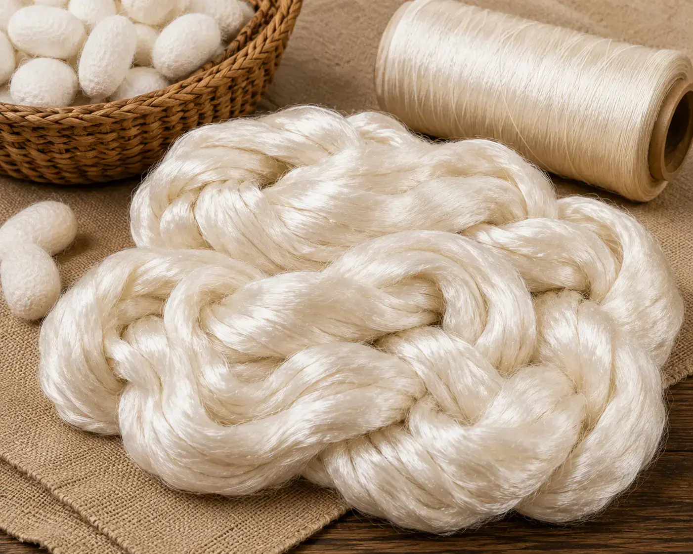 Premium natural silk fibre used in rug manufacturing, featuring raw silk cocoons, silk floss, and fine silk yarn prepared for luxury handmade rug production. High-quality natural silk adds exceptional softness, brilliant lustre, and intricate detailing to hand-knotted designer rugs crafted by Planet Arts, an Indian rug manufacturer and exporter based in Jaipur, Rajasthan.