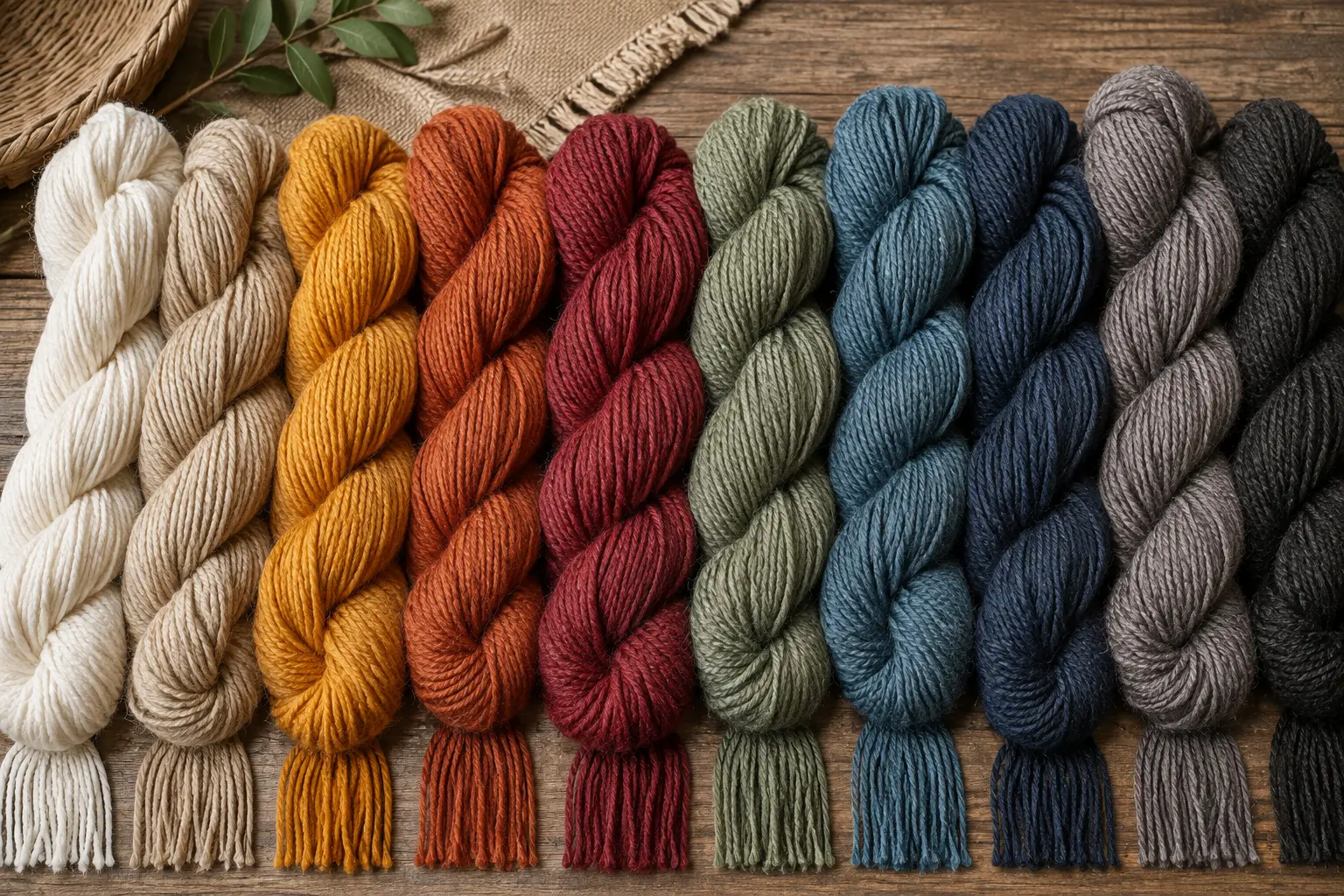  Dyed wool yarn hanks representing a rug colour palette