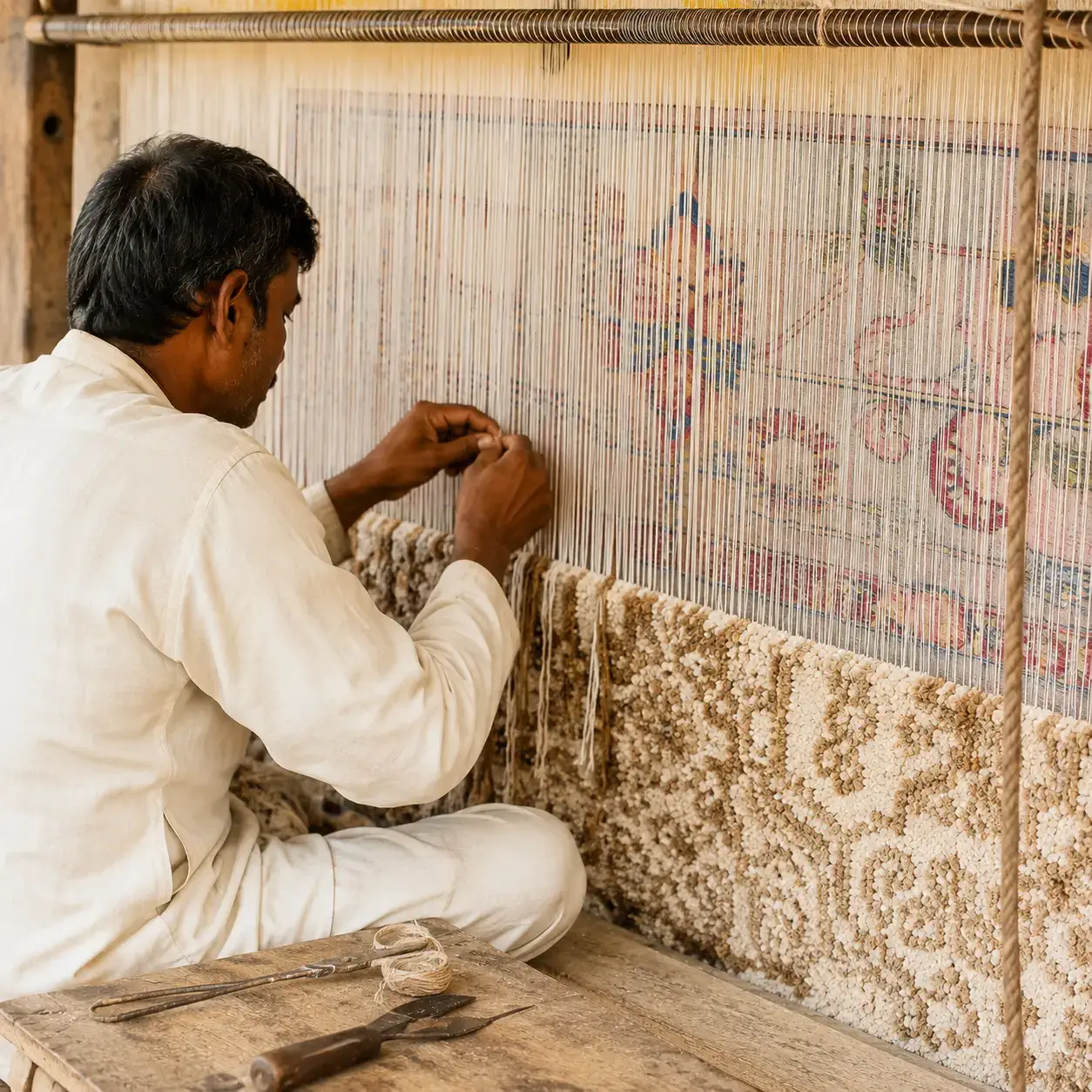 Close-up of an artisan's hands working natural rug fibre at the Planet Arts atelier in Jaipur