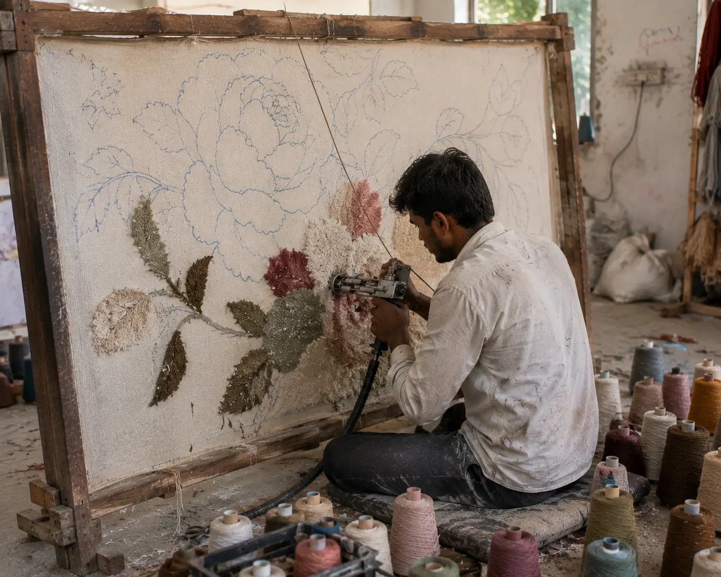 Artisan using a tufting tool to insert yarn through foundation cloth