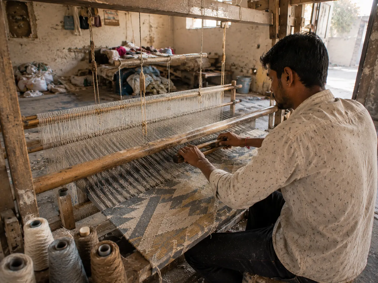 Warp and weft yarns being interlaced on a loom to form a flatweave rug