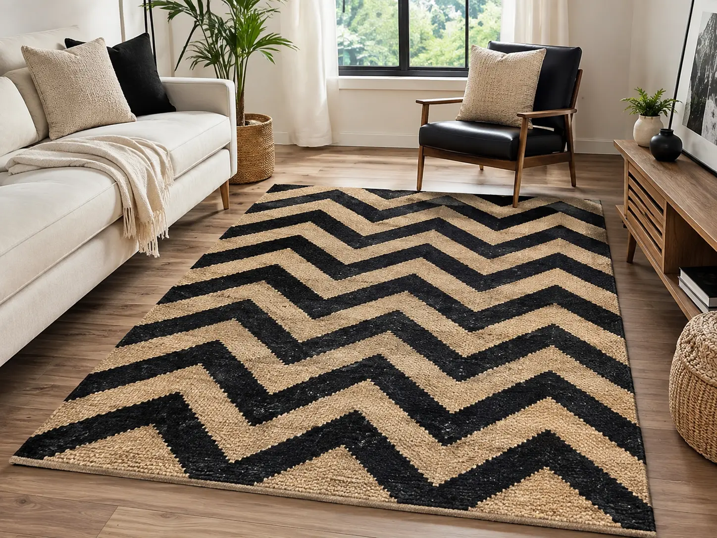 Black and natural chevron geometric handmade area rug by Planet Arts