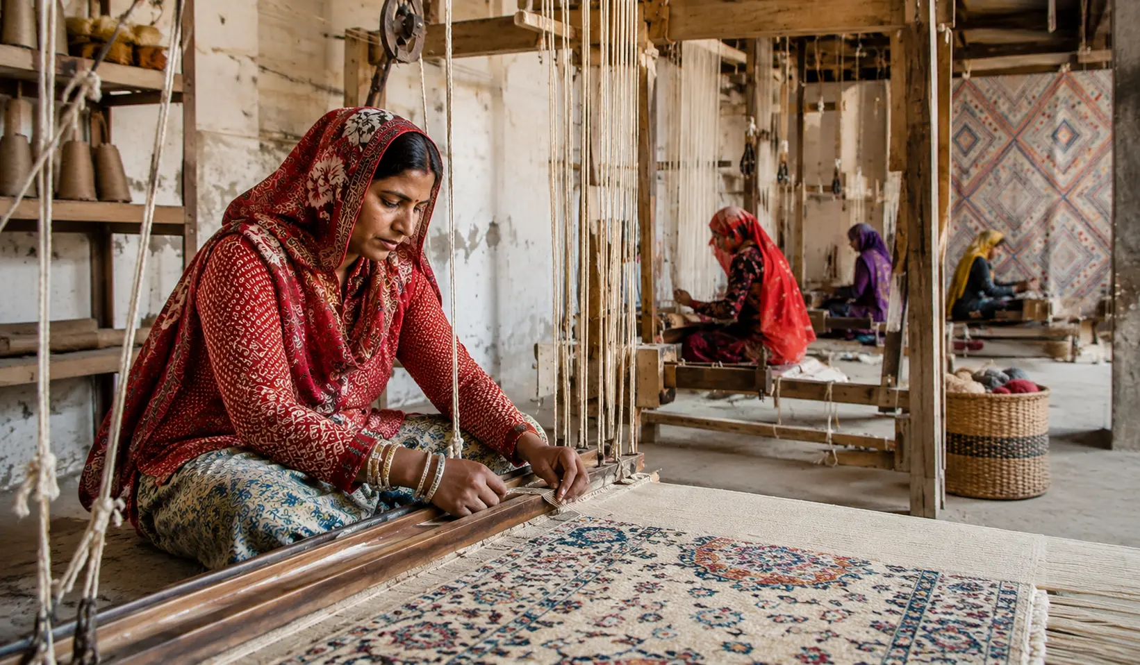 Planet Arts artisans working at traditional handlooms in the Jaipur atelier