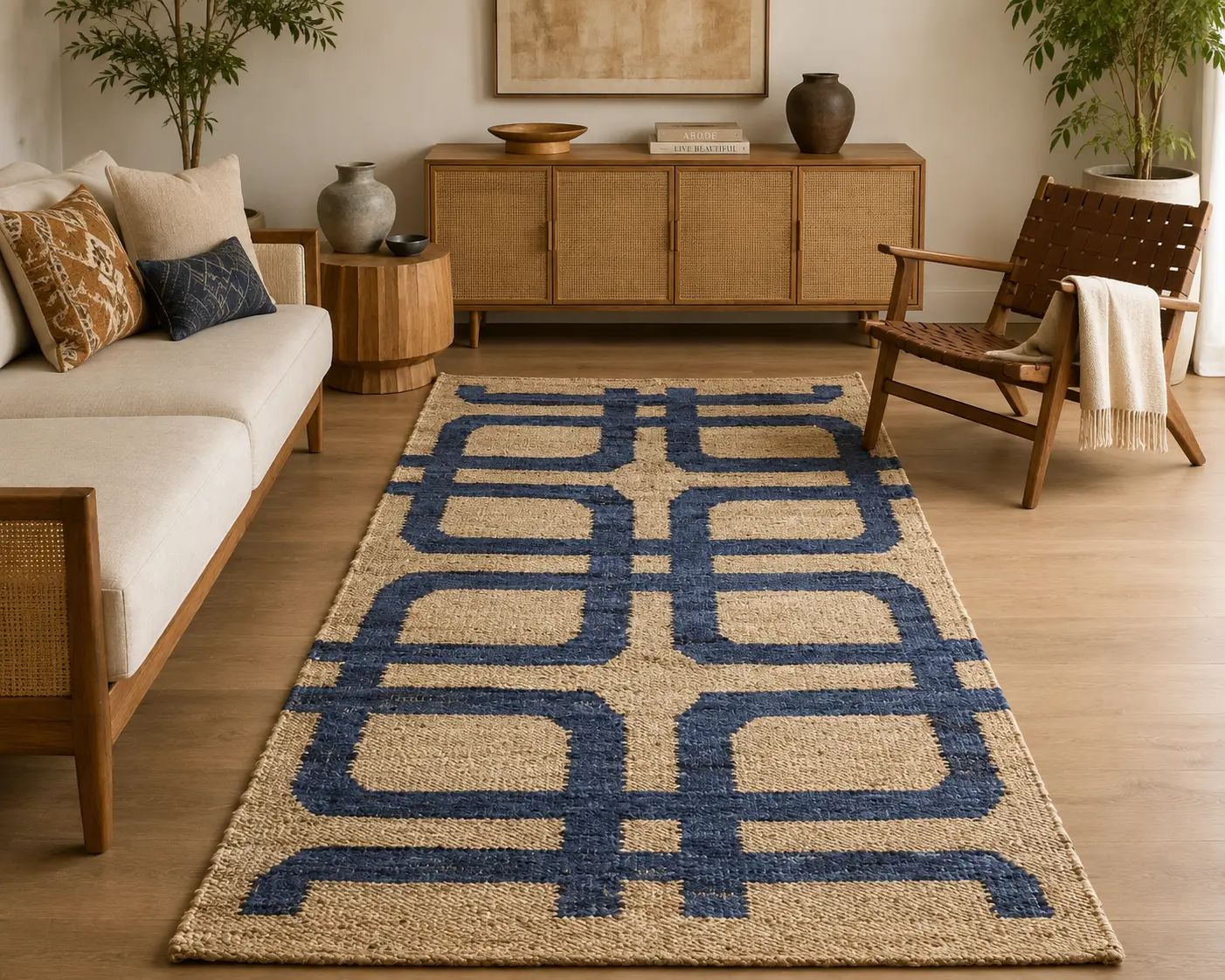Blue geometric natural jute area rug with repeating grid pattern by Planet Arts