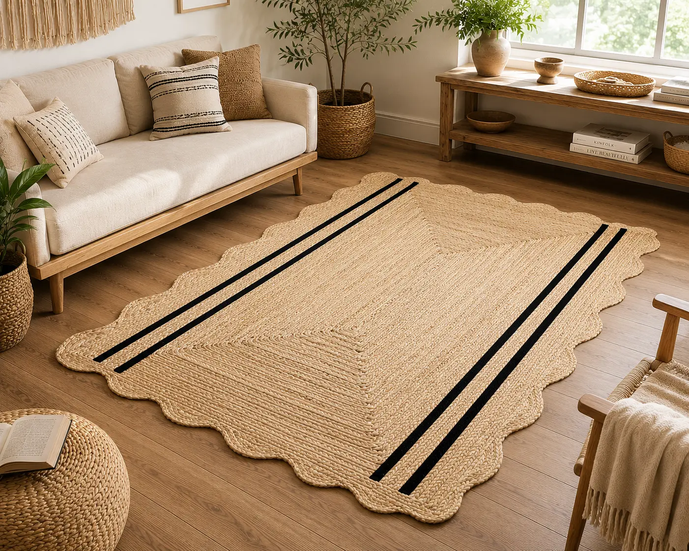 Scalloped natural jute rug with black stripes by Planet Arts