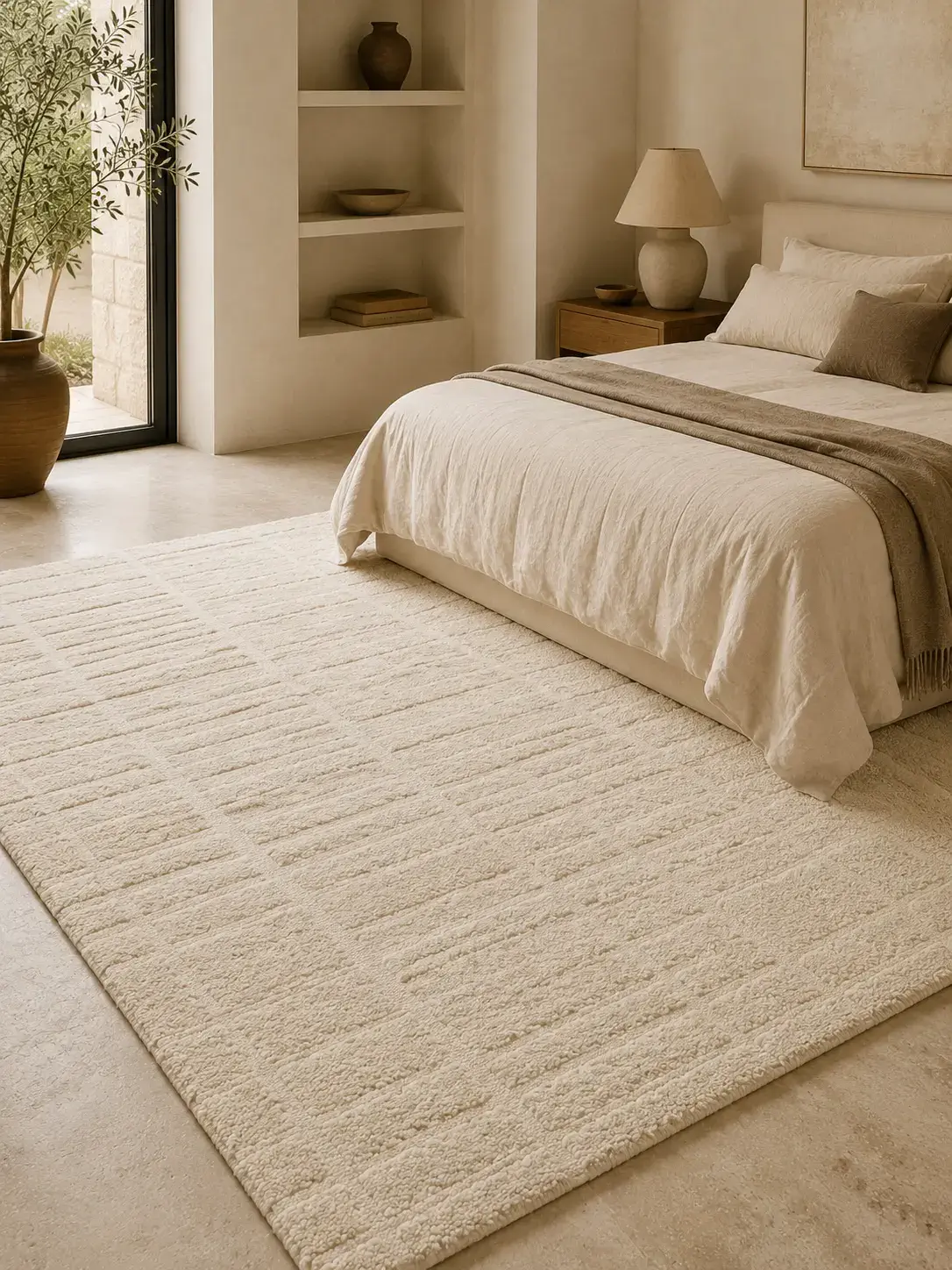 Plush hand-tufted wool rug in ivory cream laid in a minimal bedroom